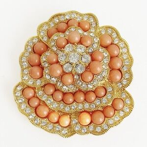 Vintage 80s JBK Camrose & Kross Brooch Pin Coral‎ Bead Gold Crystal Rhinestone
